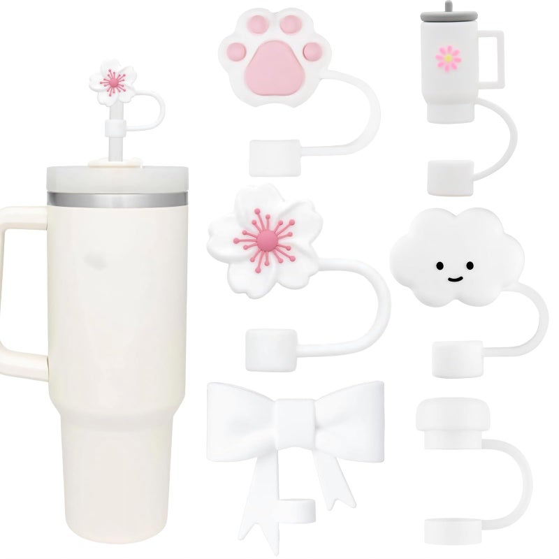 QUVIAE White Straw Cover Cap for Stanley Cup, 6pcs Silicone Flower Straw Toppers Compatible with 20 30 40 Oz Tumbler with Handle, 0.4in/10mm Cute Dust Proof Reusable Straws Stopper Accessories - Image 1