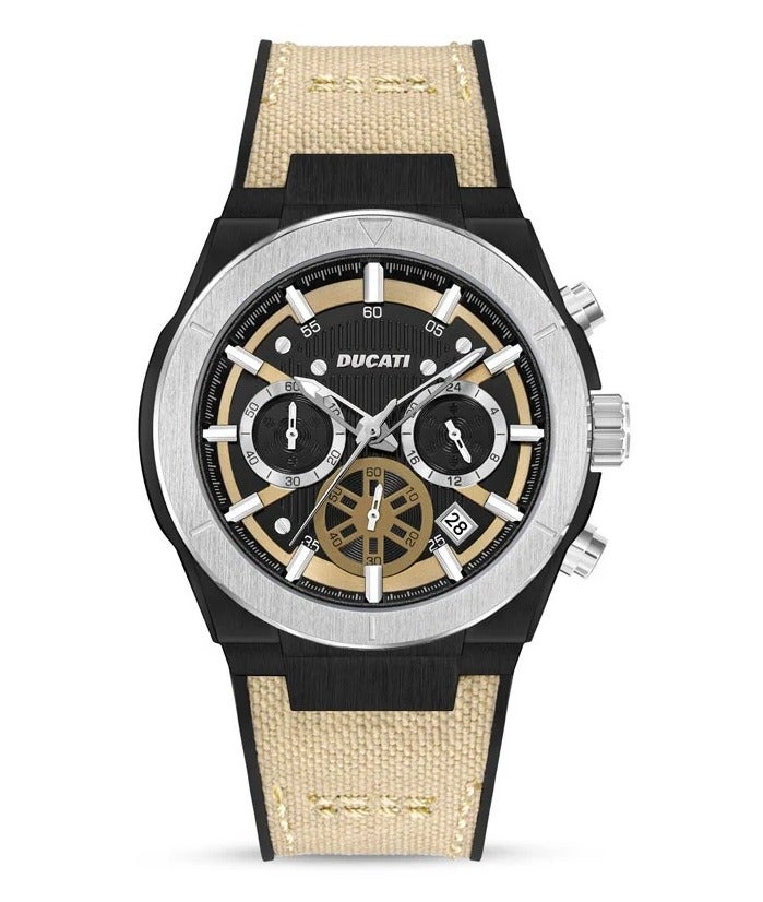 دوكاتي ساعة كرونوغراف رجالية DT004 بقطر 43.5 مم، مزودة بميناء بيج مزخرف، وتفاصيل متباينة، وسوار من الجلد الطبيعي. - Image 1