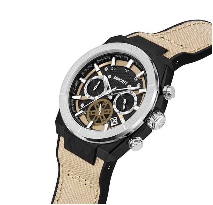 دوكاتي ساعة كرونوغراف رجالية DT004 بقطر 43.5 مم، مزودة بميناء بيج مزخرف، وتفاصيل متباينة، وسوار من الجلد الطبيعي. - Image 2
