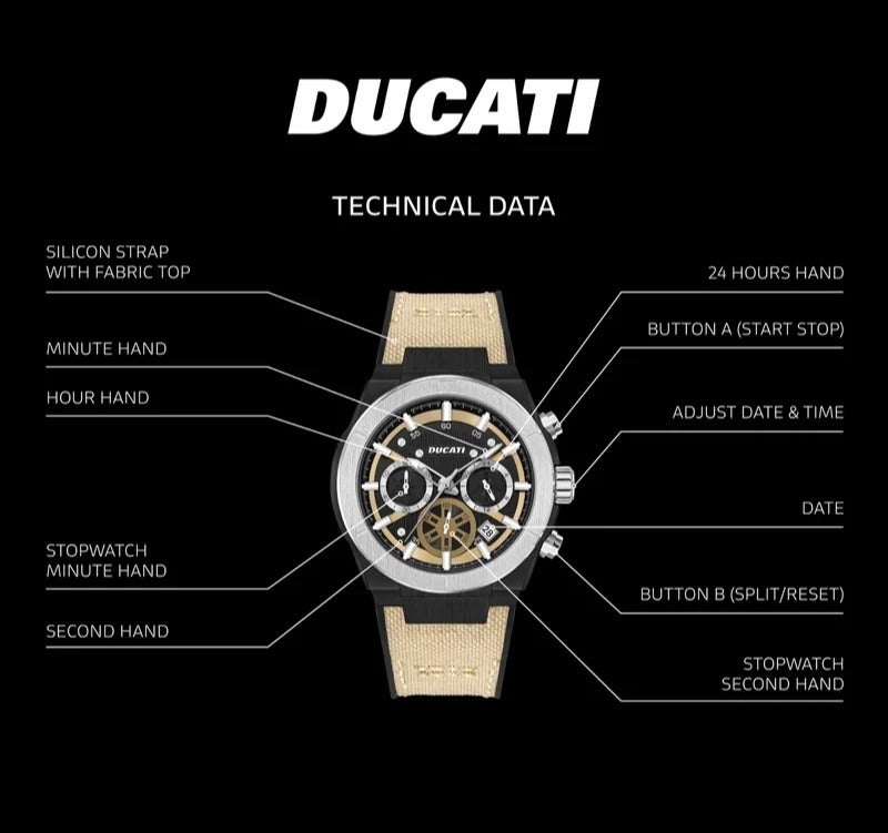 دوكاتي ساعة كرونوغراف رجالية DT004 بقطر 43.5 مم، مزودة بميناء بيج مزخرف، وتفاصيل متباينة، وسوار من الجلد الطبيعي. - Image 4