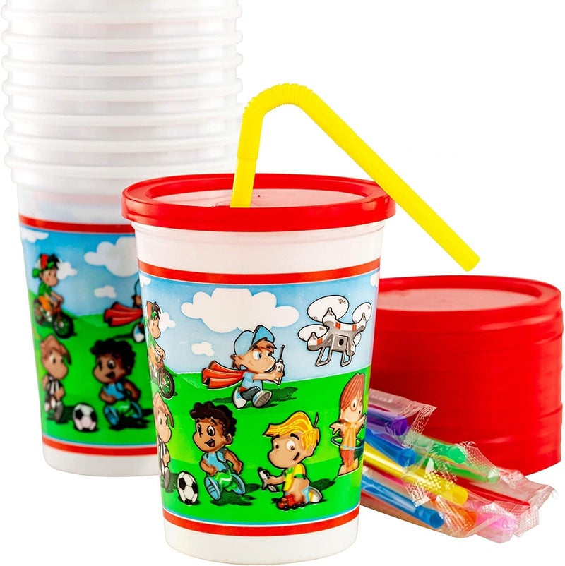Avant Grub Leakproof 12oz Kids Party Cups With Lid and Straw 10Pk Super Durable and DishwasherSafe With BPA Free Material is Reusable or Take and Toss Great for Child Birthday Parties Travel or Bathroom Cup - Image 1