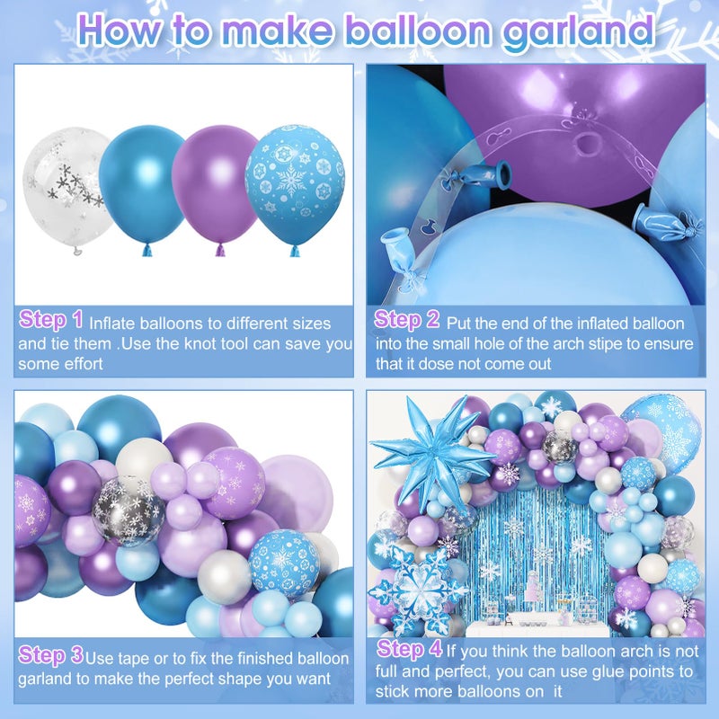 Amandir 162PCS Snow Birthday Party Supplies, Snow Balloon Garland Arch Kit Fringe Curtain Blue Purple Snowflake Confetti Balloons Princess Winter Wonderland Girl Baby Party Decorations - Image 3