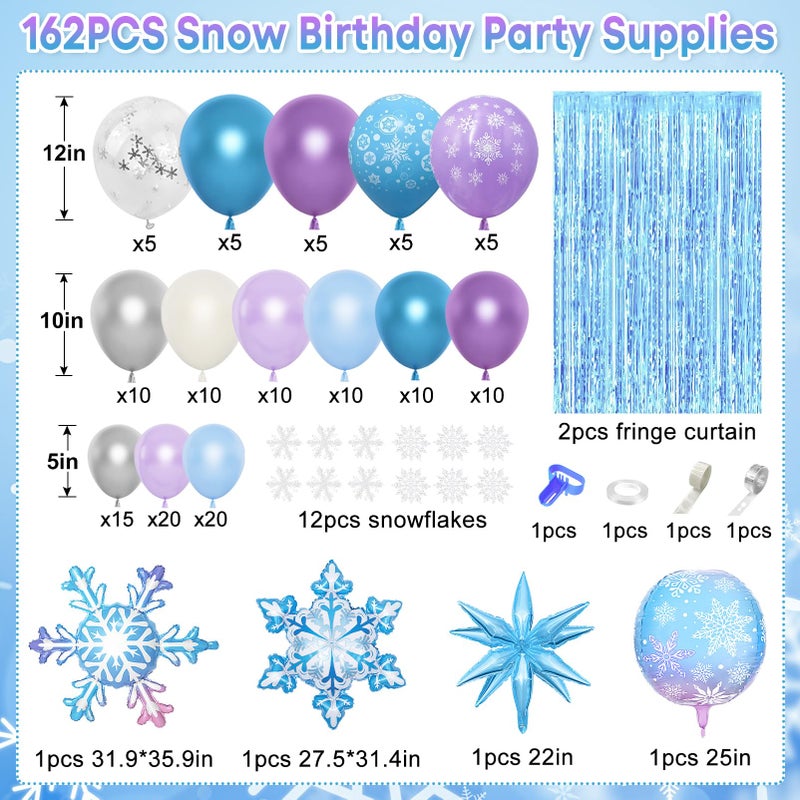 Amandir 162PCS Snow Birthday Party Supplies, Snow Balloon Garland Arch Kit Fringe Curtain Blue Purple Snowflake Confetti Balloons Princess Winter Wonderland Girl Baby Party Decorations - Image 2