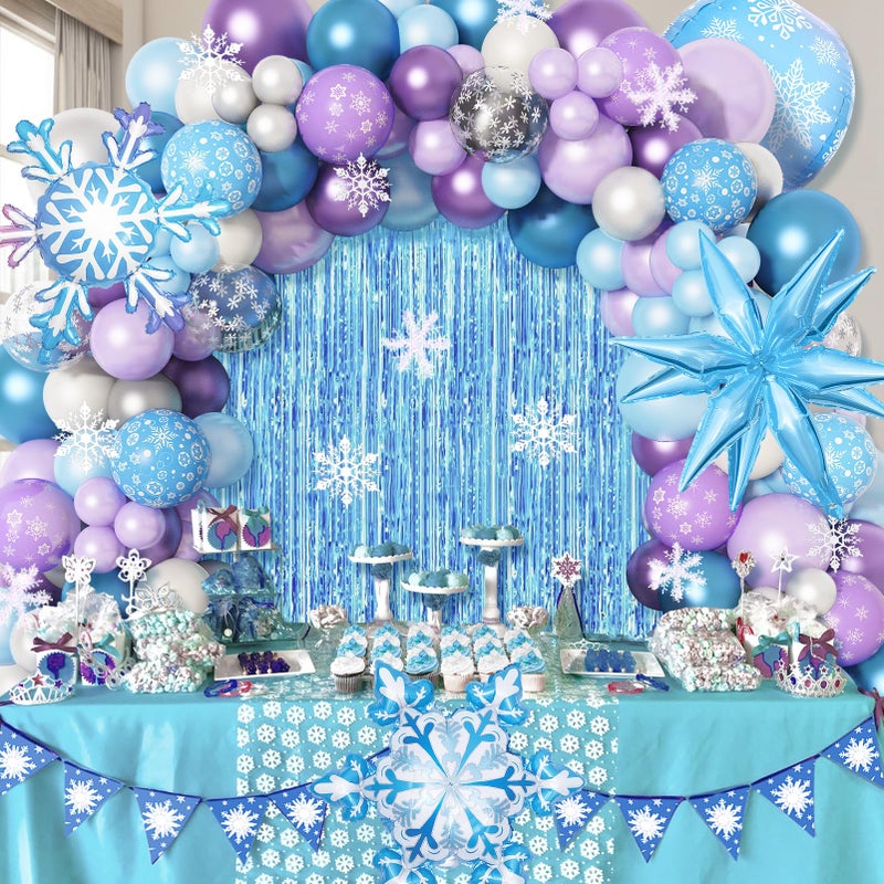 Amandir 162PCS Snow Birthday Party Supplies, Snow Balloon Garland Arch Kit Fringe Curtain Blue Purple Snowflake Confetti Balloons Princess Winter Wonderland Girl Baby Party Decorations - Image 5