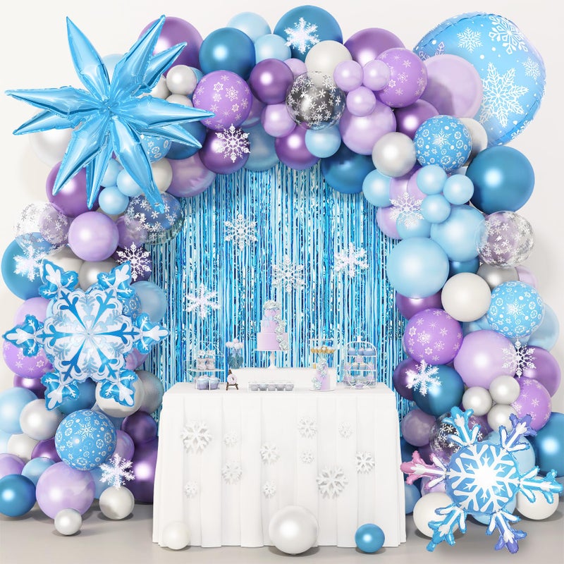 Amandir 162PCS Snow Birthday Party Supplies, Snow Balloon Garland Arch Kit Fringe Curtain Blue Purple Snowflake Confetti Balloons Princess Winter Wonderland Girl Baby Party Decorations - Image 1