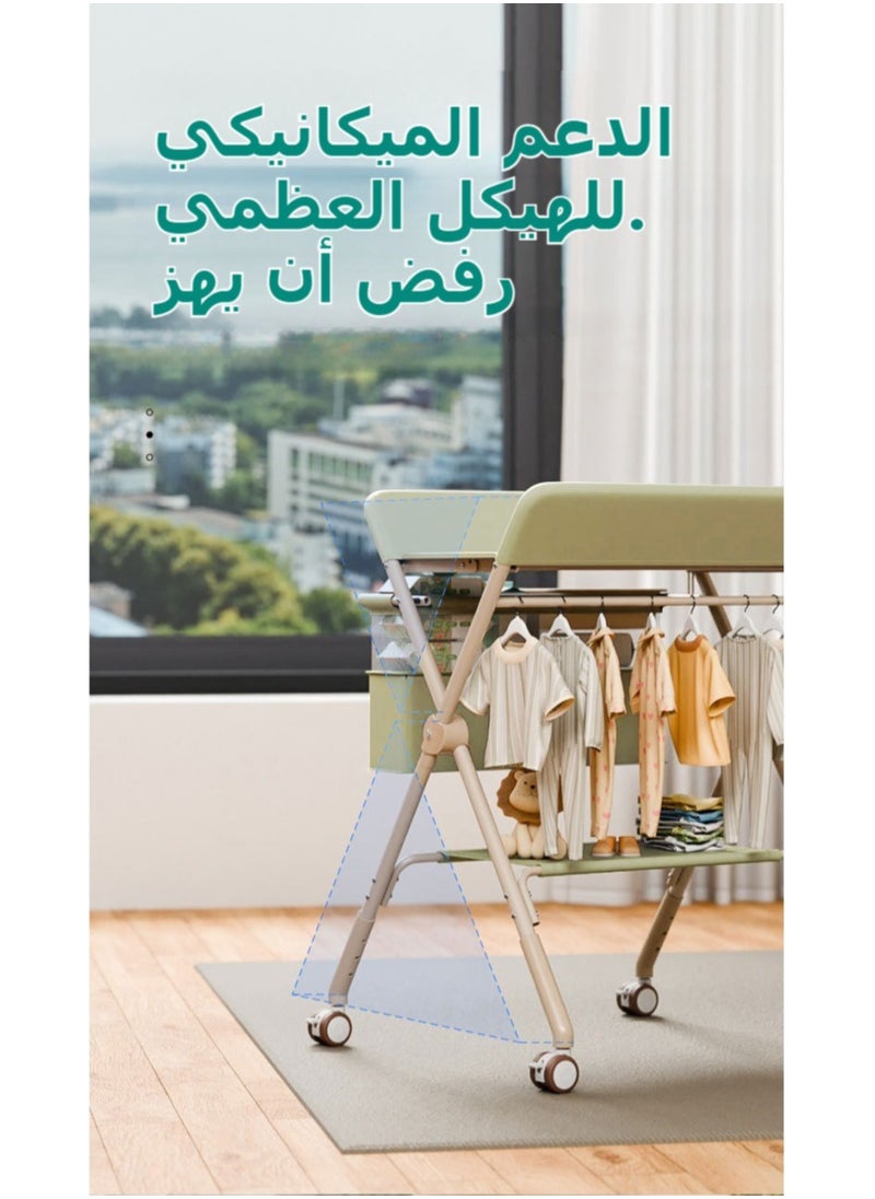 شو وو - طاولة تغيير حفاضات محمولة، محطة تغيير حفاضات قابلة للطي مع عجلات قابلة للقفل، 3 مستويات ارتفاع قابلة للتعديل، مع رفوف تعليق لسلة تخزين للأطفال حديثي الولادة، أخضر - Image 1