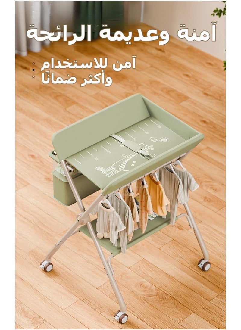 شو وو - طاولة تغيير حفاضات محمولة، محطة تغيير حفاضات قابلة للطي مع عجلات قابلة للقفل، 3 مستويات ارتفاع قابلة للتعديل، مع رفوف تعليق لسلة تخزين للأطفال حديثي الولادة، أخضر - Image 1