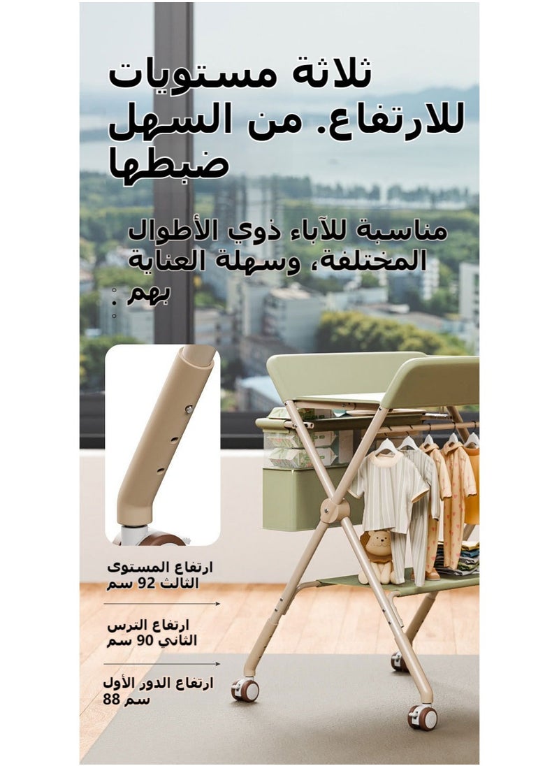 شو وو - طاولة تغيير حفاضات محمولة، محطة تغيير حفاضات قابلة للطي مع عجلات قابلة للقفل، 3 مستويات ارتفاع قابلة للتعديل، مع رفوف تعليق لسلة تخزين للأطفال حديثي الولادة، أخضر - Image 1
