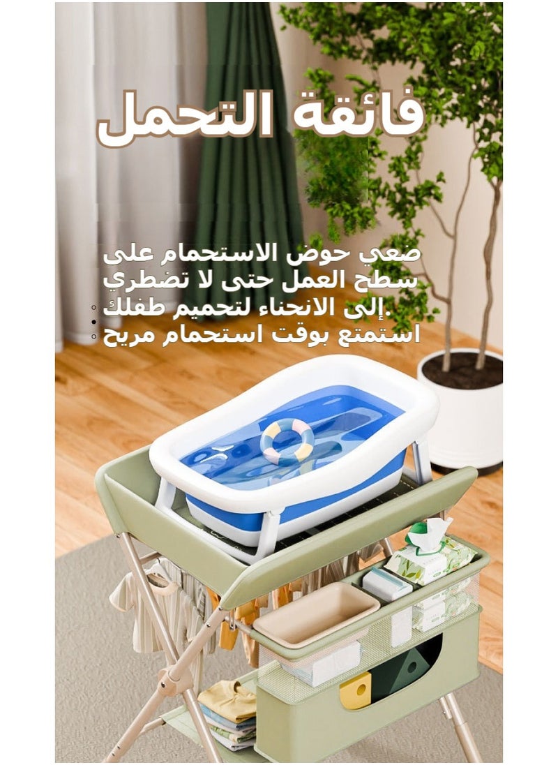 شو وو - طاولة تغيير حفاضات محمولة، محطة تغيير حفاضات قابلة للطي مع عجلات قابلة للقفل، 3 مستويات ارتفاع قابلة للتعديل، مع رفوف تعليق لسلة تخزين للأطفال حديثي الولادة، أخضر - Image 1