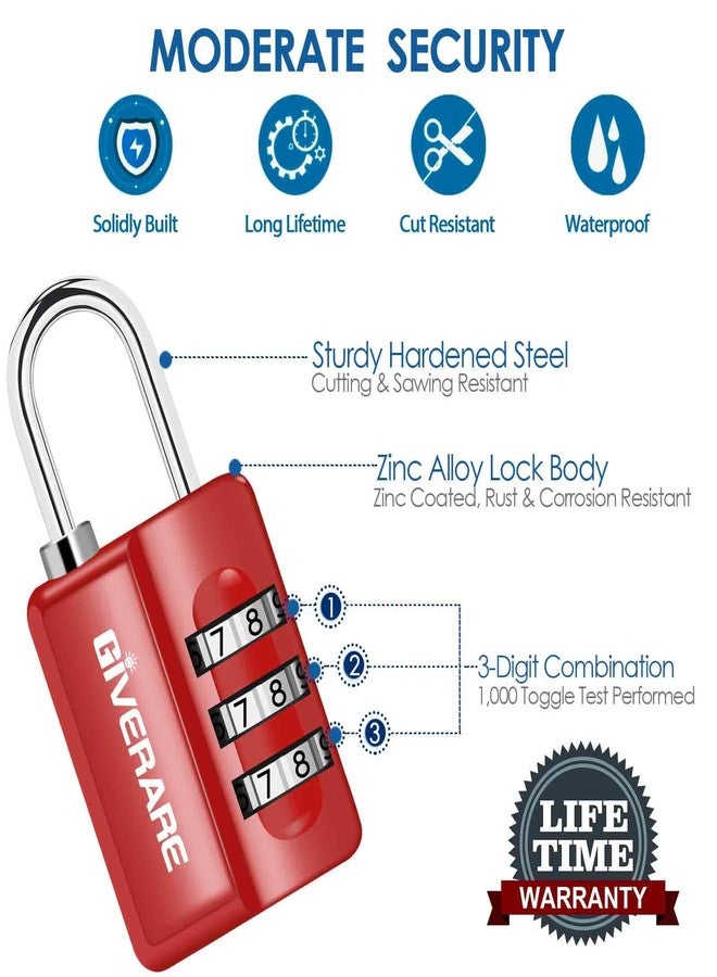 GIVERARE 4 Pack Combination Lock, 3-Digit Padlock Keyless, Resettable Luggage Locks for Backpack, Gym & School & Employee Locker, Weatherproof Travel Lock for Fence, Backyard Gate, Hasp, Case-Red - Image 5