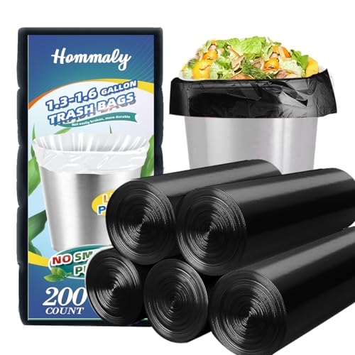 Hommaly 1.5 Gallon 200 pcs Small Black Trash Bags(Fit1.3-1.6 Gal), Strong 1.3 Gallon 1.5 Gallon 1.6 Gallon Garbage Bags,Bathroom Trash Can Bin Liners,Mini Bags Waste Basket Liner,Fit 5-6 Liters-Black - Image 1