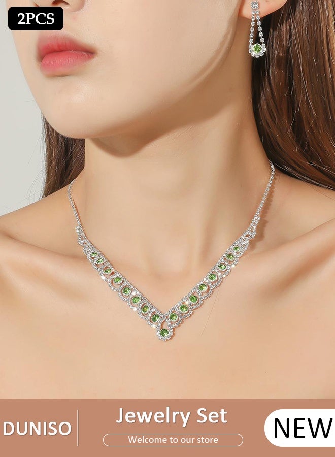 DUNISO 2Piece Jewelry Set With Necklace and Earrings Full Diamond V Neck Necklace Pendant Crystal Earrings Wedding Bridal Bridesmaid Costume Jewelry Set for Women and Girls Dress Accessories - Image 1