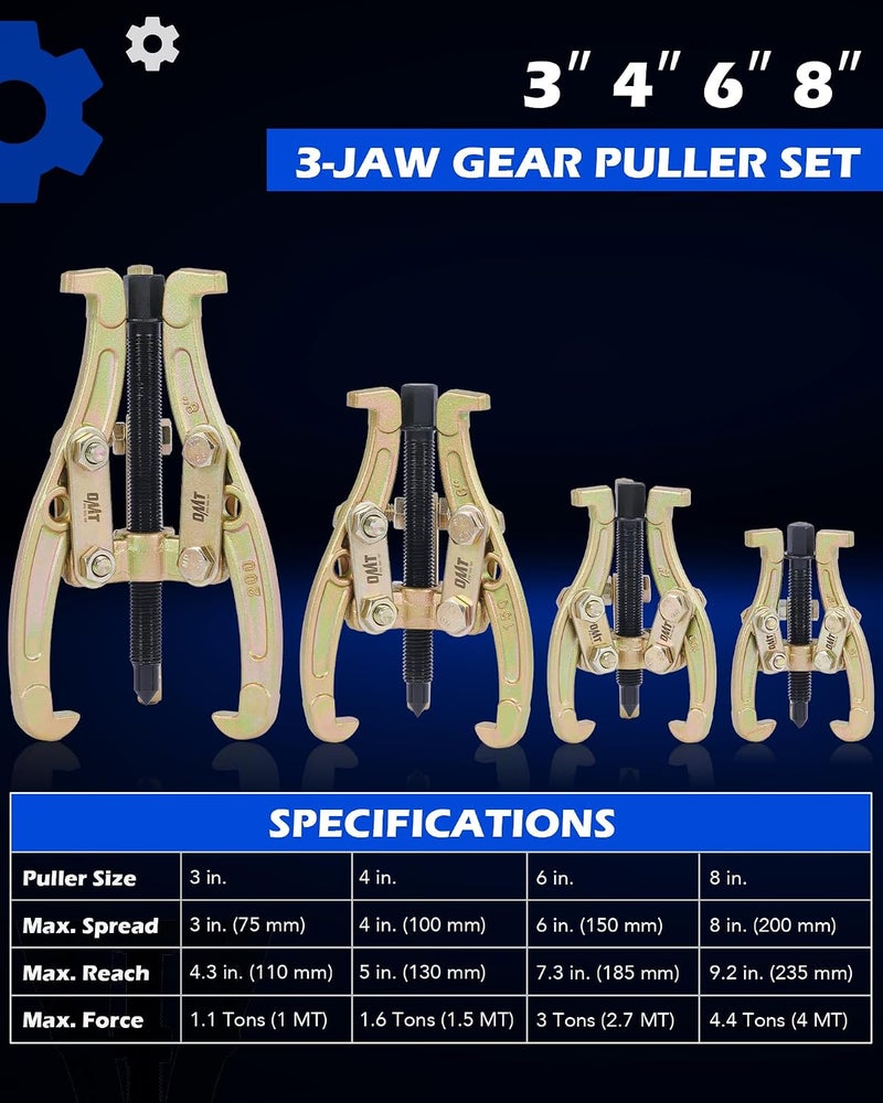 Orion Motor Tech 4-Piece Gear Puller Set - 3 Jaw Puller Kit for Pulley, Gear, Bearing, and Flywheel Removal - Image 2