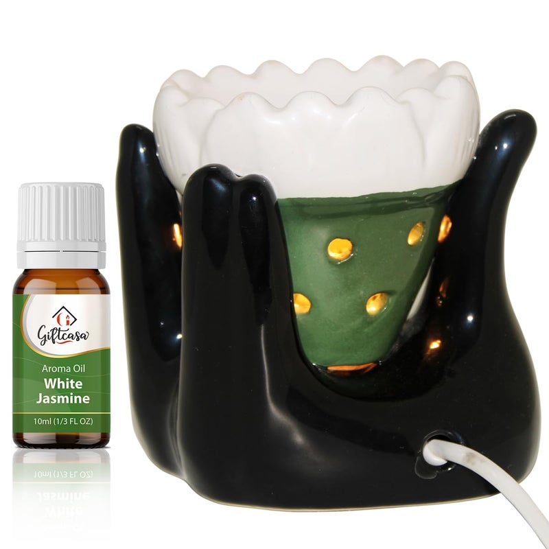 Giftcasa GiftCasa Electric Aroma Diffuser Handcrafted Ceramic Hand Type Aroma Oil Burner for Home Office Fragrance ColourBlack with Electric Bulb 10 ml Fragrance Oil White Jasmine  - Image 1