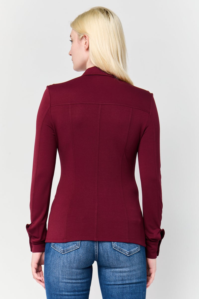 DKNY Women Solid Long Sleeve Shirt, Maroon - Image 4