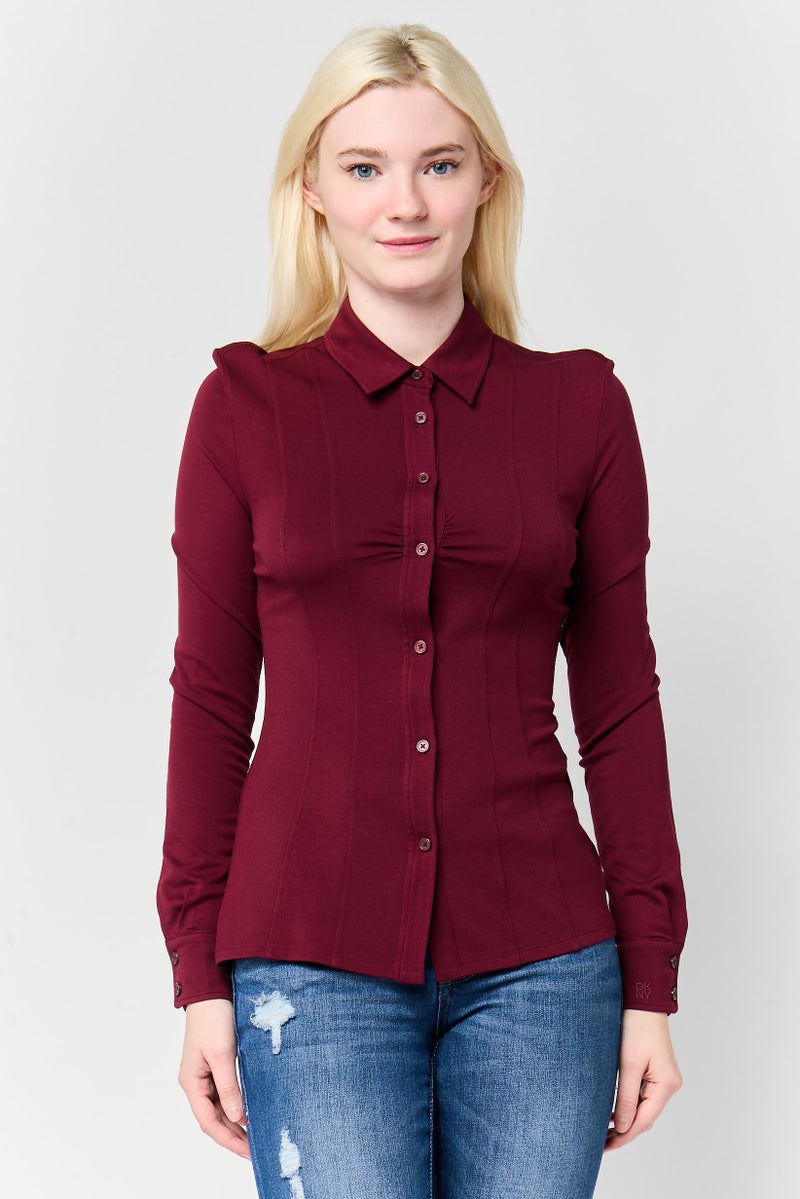 DKNY Women Solid Long Sleeve Shirt, Maroon - Image 1