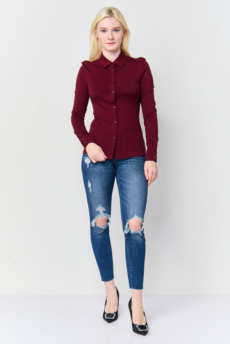 DKNY Women Solid Long Sleeve Shirt, Maroon - Image 2