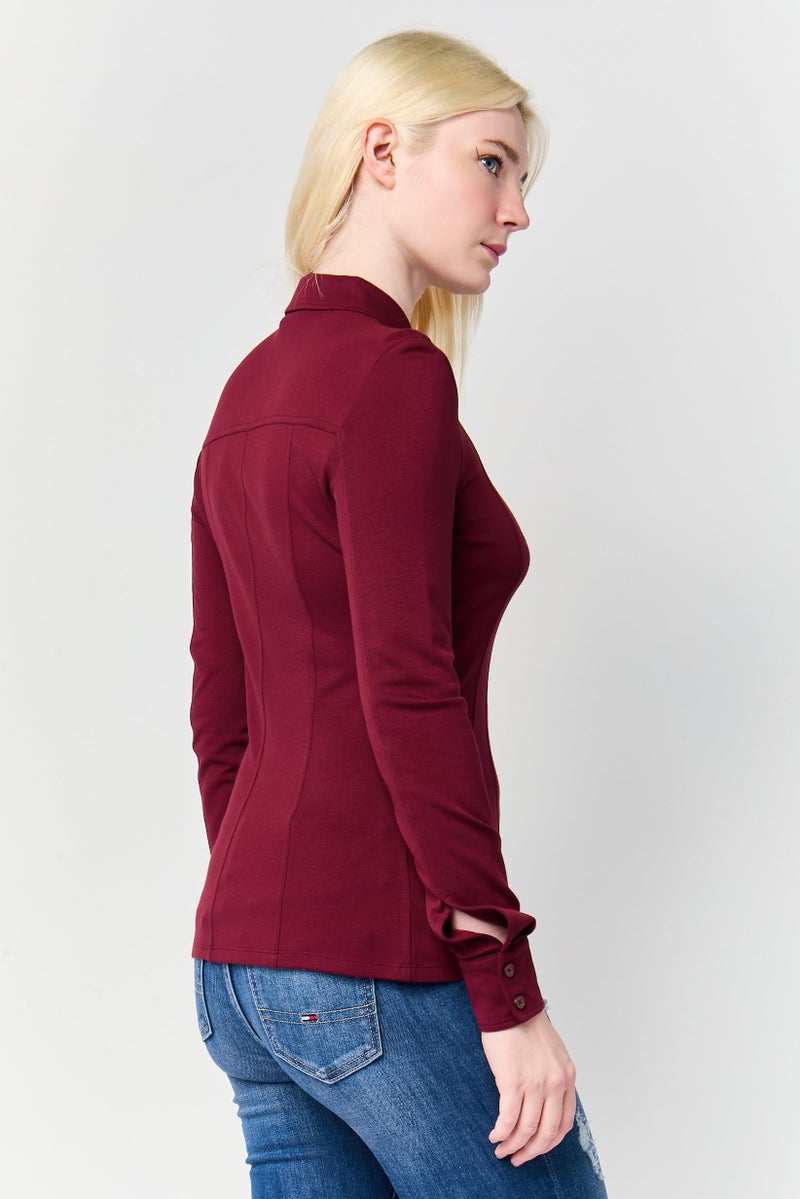 DKNY Women Solid Long Sleeve Shirt, Maroon - Image 3