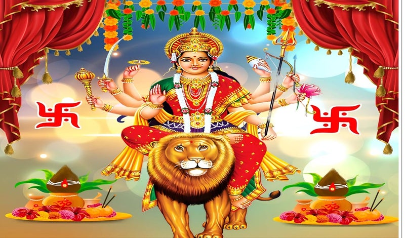 Backdropon Godess MAA Durga Sherawali MATA Design Backdrop Cloth for Pooja Decoration Traditional/Background Curtain for Festival Fabric Size 5Feet Height and 8Feet Width(5 * 8) - Image 1