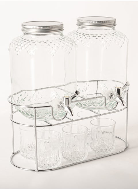 Twin Glass Juice Dispenser with Juice Cups 9 Pcs Set 4 L