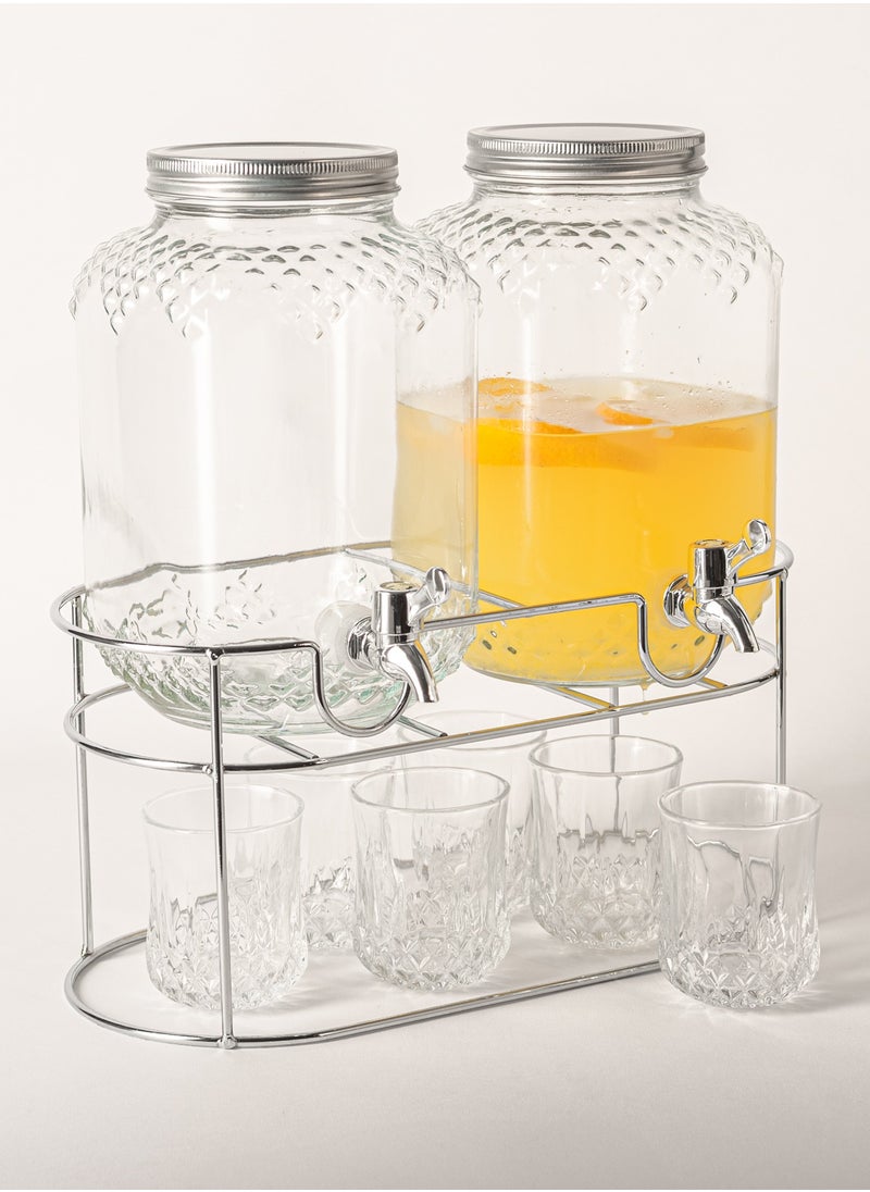 Twin Glass Juice Dispenser with Juice Cups 9 Pcs Set 4 L
