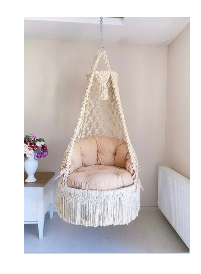 أرجوحة رويال ماكراميه، إطارات حديدية، حبل قطني متين، وزن 200 كيلوجرام، تتضمن وسائد وأواني معلقة (وسائد رمادية)