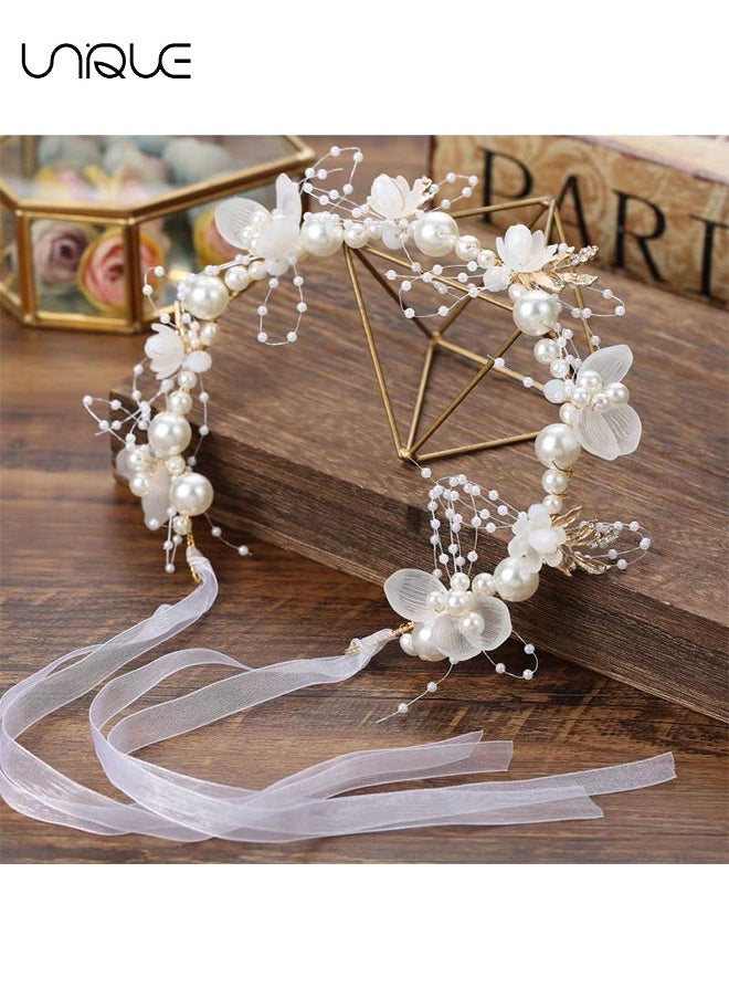 Unique Wedding Hair Accessories for Kids, Princess Headpiece White Flower Headband Pearl Hair Dress for Girl and Flower Girls Lovely Bridal Wedding Hair Band  - Image 1