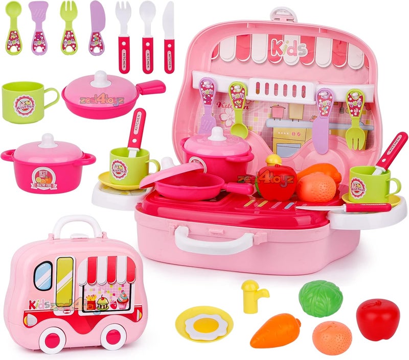 Pretend Play Kitchen Set – Sliding Suitcase Toy – Portable Cooking Playset, 20PCS Accessories, Educational Chef Kit for Kids, Role Play Fun, Ideal Gift for Toddler Girls  Travel Entertainment - Image 2