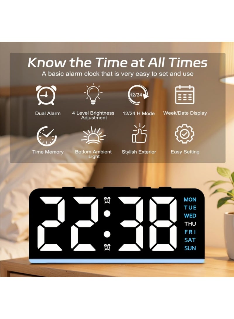 saykfoe 6.8'' Digital Alarm Clock, LED Digital Clock with Ambient Light, with Day/Date/Temperature / 12 / 24H / Dual Alarm/Snooze, Bedside Desk Table Clock, for Office Bedroom Kids Elderly - Image 2