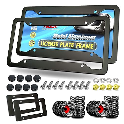 Aootf Black Aluminum License Plate Frames- Heavy Duty Car Tag Cover with Screw Caps, 2 Pack Front & Rear Holders for Women/Men, with Screws, Tire Valve Caps, Rattle Proof Pads, 4 Hole - Image 1