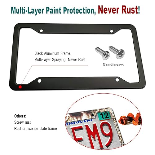 Aootf Black Aluminum License Plate Frames- Heavy Duty Car Tag Cover with Screw Caps, 2 Pack Front & Rear Holders for Women/Men, with Screws, Tire Valve Caps, Rattle Proof Pads, 4 Hole - Image 4