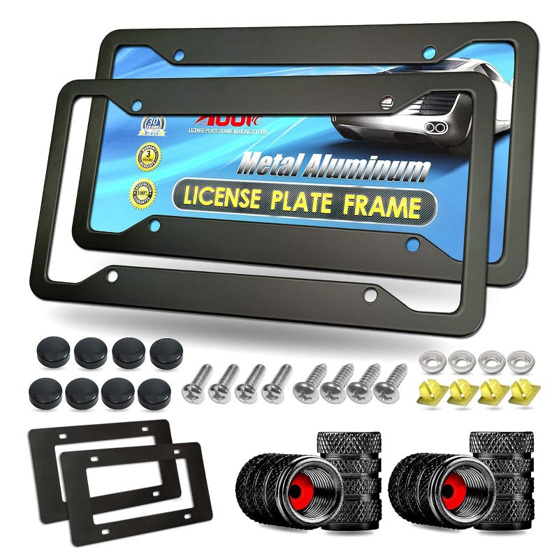 Aootf Black Aluminum License Plate Frames- Heavy Duty Car Tag Cover with Screw Caps, 2 Pack Front & Rear Holders for Women/Men, with Screws, Tire Valve Caps, Rattle Proof Pads, 4 Hole - Image 5