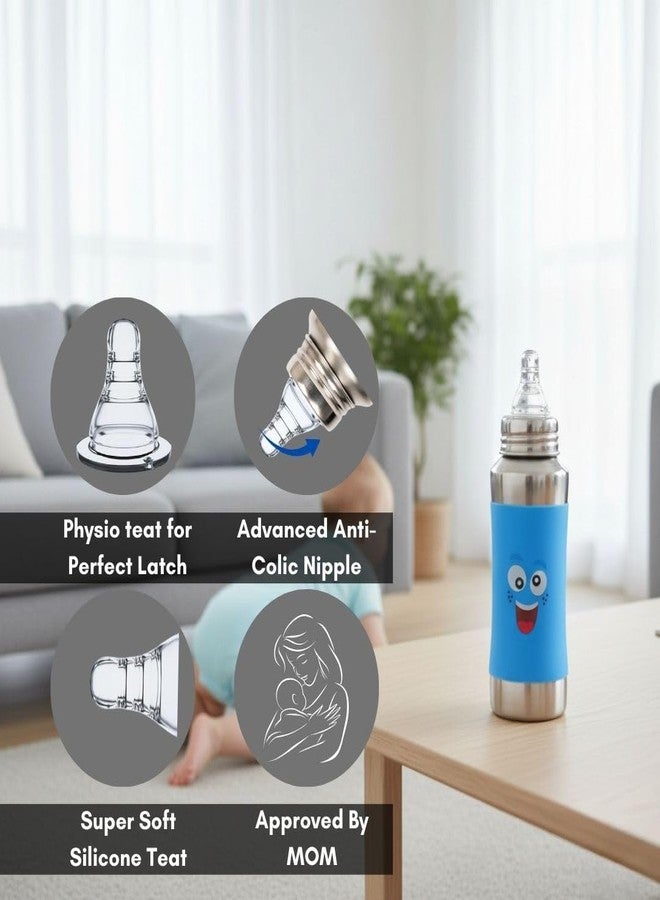VOIK 3-Piece Baby Feeding Bottle Set 240ml - Stainless Steel Bottle, Anti-Colic Nipple, Teething Brush & Cover | BPA-Free | ISI Approved | Newborn Essentials - Image 4