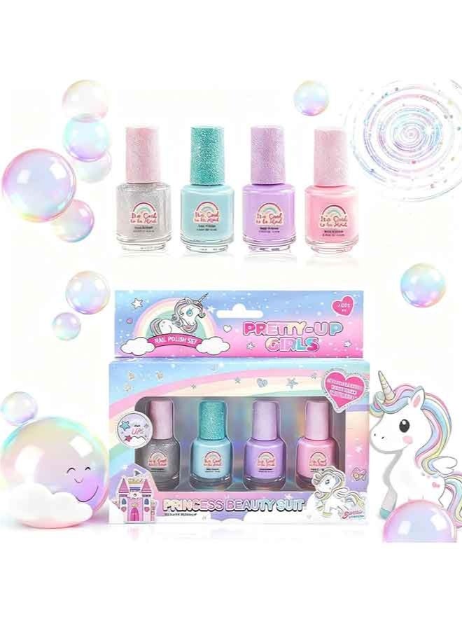 4 Colors Kids Peel Off Nail Polish Set, Water Based Non Toxic Quick Dry Nail Varnish Kit, Safe Water Soluble Non Irritating DIY Nail Art Gift for Little Girls - Image 1