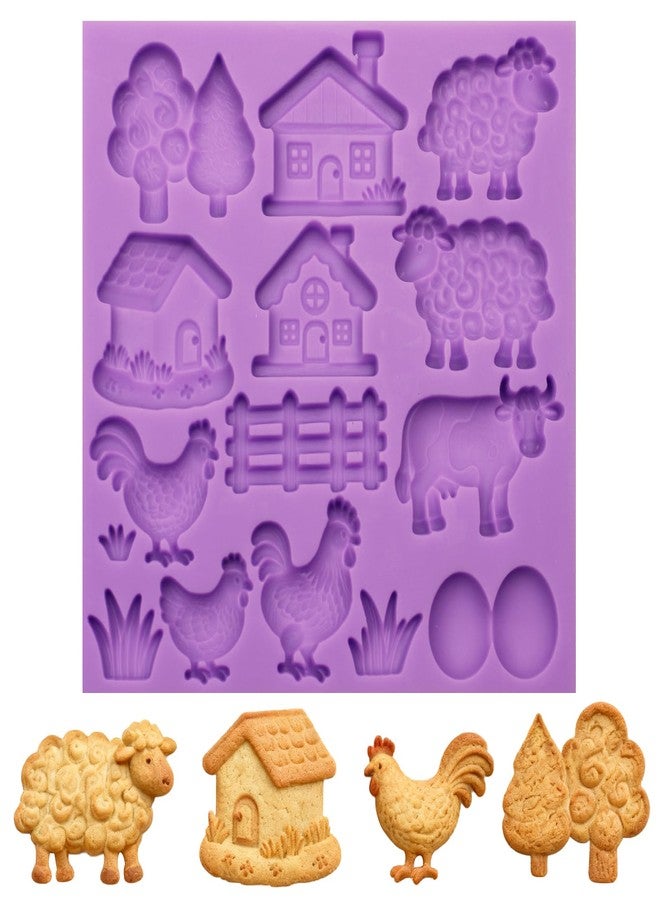 acvcatto Farm Animal Silicone Mold, Lovely Cow Sheep Chicken Fondant Mold for House Design Cake Decorating Tool Biscuit Cookies Sugar Chocolate Hard Dessert Decor, 14 Cavity Baking Mold - Image 1