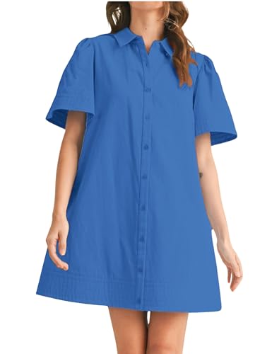 Meyhad Womens Short Sleeve Button Down Mini Shirt Dress Lapel Collar Short Dresses with Pocket(0942-Blue-XL) - Image 1