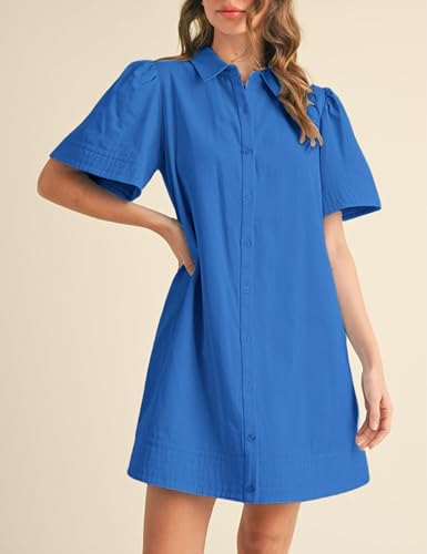 Meyhad Womens Short Sleeve Button Down Mini Shirt Dress Lapel Collar Short Dresses with Pocket(0942-Blue-XL) - Image 3