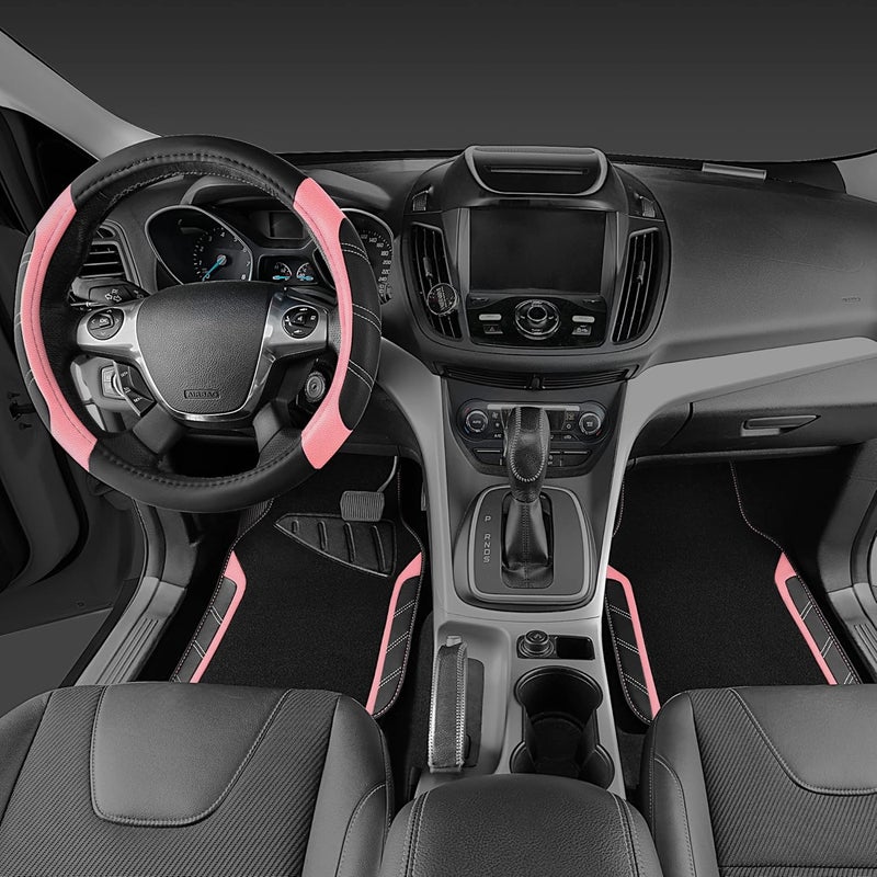 CAR PASS Microfiber Steering Wheel Cover and Waterproof Car Floor Mats Combo - Black and Pink - Image 2