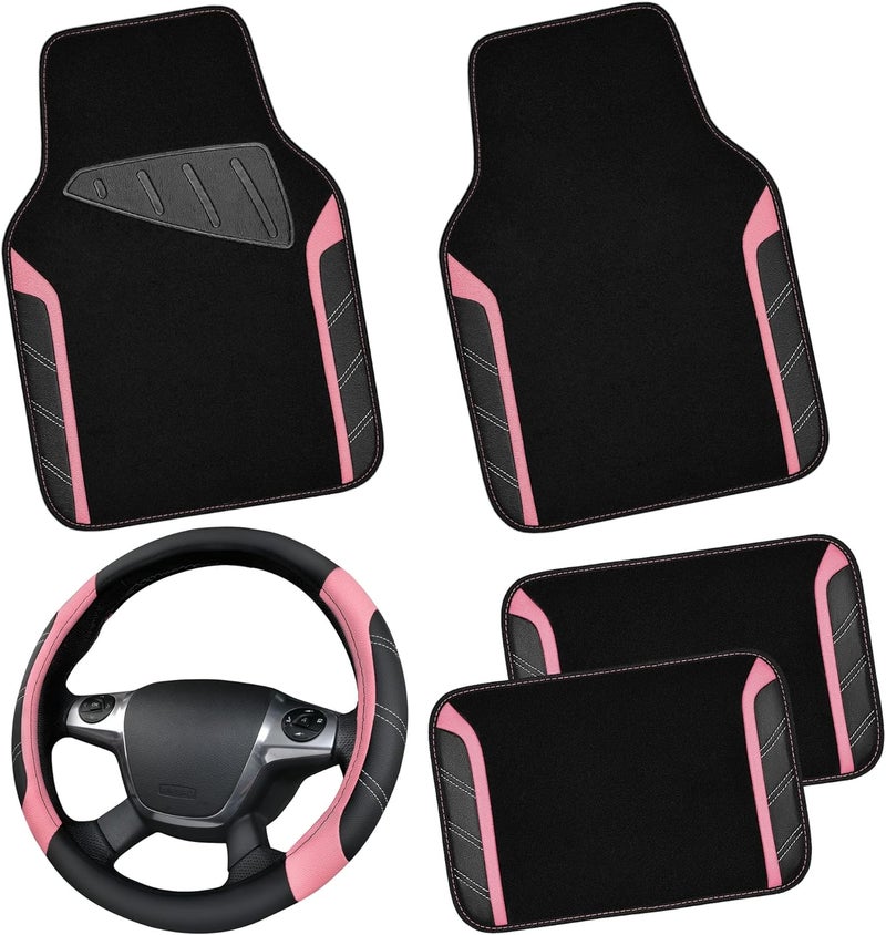 CAR PASS Microfiber Steering Wheel Cover and Waterproof Car Floor Mats Combo - Black and Pink - Image 1