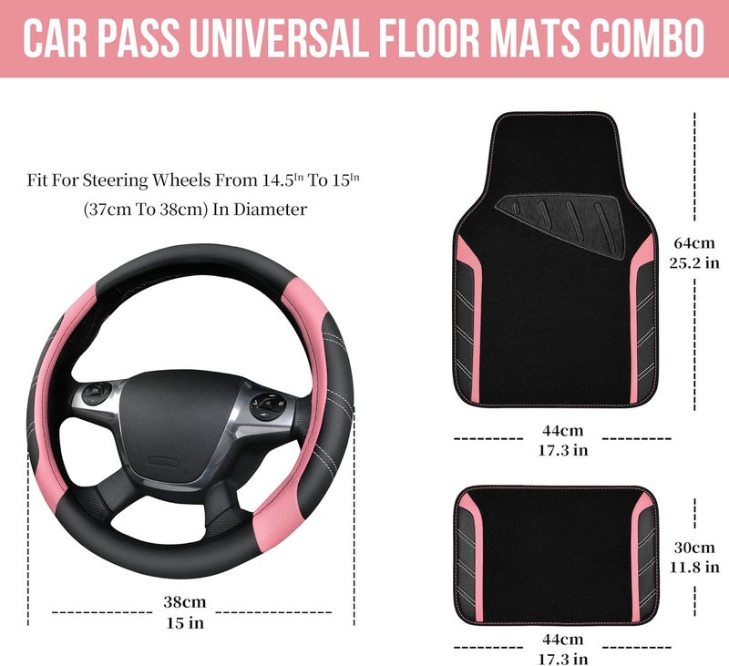 CAR PASS Microfiber Steering Wheel Cover and Waterproof Car Floor Mats Combo - Black and Pink - Image 3