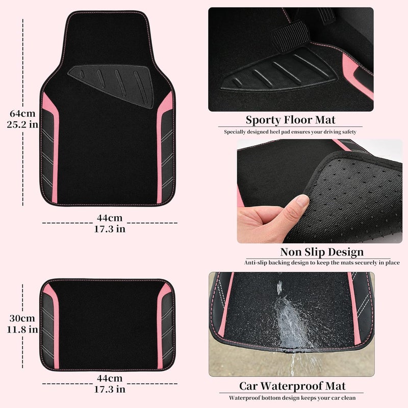 CAR PASS Microfiber Steering Wheel Cover and Waterproof Car Floor Mats Combo - Black and Pink - Image 4