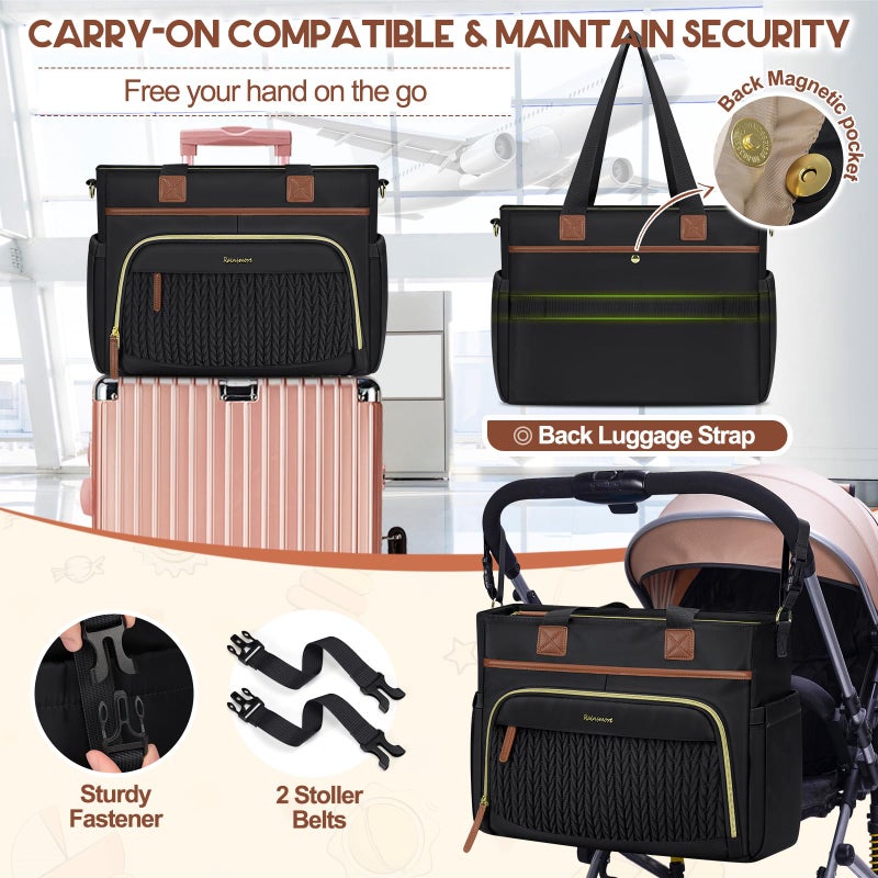 Rainsmore Diaper Bag Tote  Large Capacity Diaper Bag Waterproof Baby Bag Multifunctional Travel Diaper Tote With Pacifier Case & Changing Pad  Black - Image 5