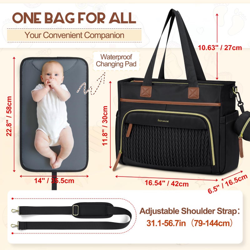 Rainsmore Diaper Bag Tote  Large Capacity Diaper Bag Waterproof Baby Bag Multifunctional Travel Diaper Tote With Pacifier Case & Changing Pad  Black - Image 2