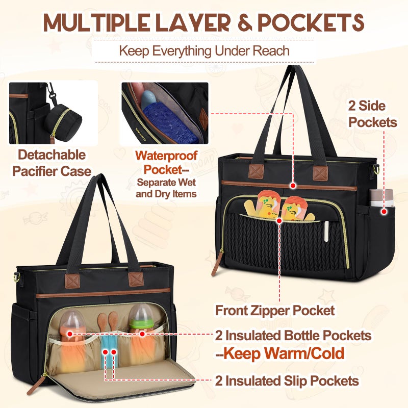 Rainsmore Diaper Bag Tote  Large Capacity Diaper Bag Waterproof Baby Bag Multifunctional Travel Diaper Tote With Pacifier Case & Changing Pad  Black - Image 4