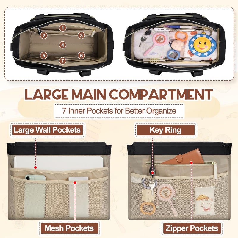 Rainsmore Diaper Bag Tote  Large Capacity Diaper Bag Waterproof Baby Bag Multifunctional Travel Diaper Tote With Pacifier Case & Changing Pad  Black - Image 3