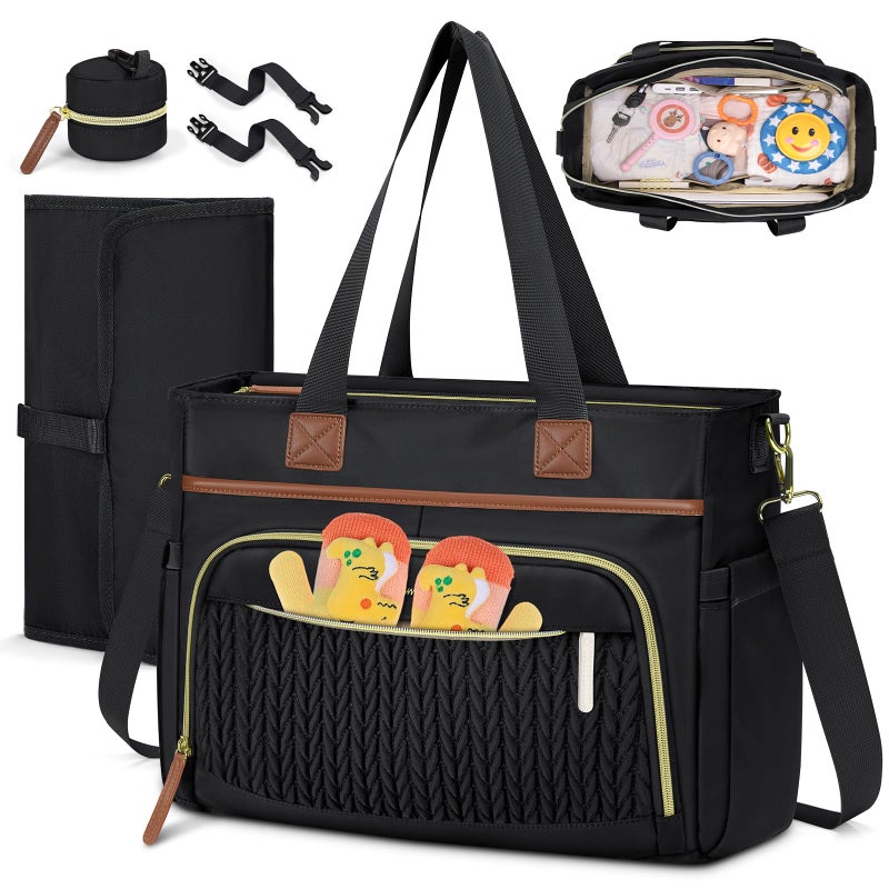 Rainsmore Diaper Bag Tote  Large Capacity Diaper Bag Waterproof Baby Bag Multifunctional Travel Diaper Tote With Pacifier Case & Changing Pad  Black - Image 1