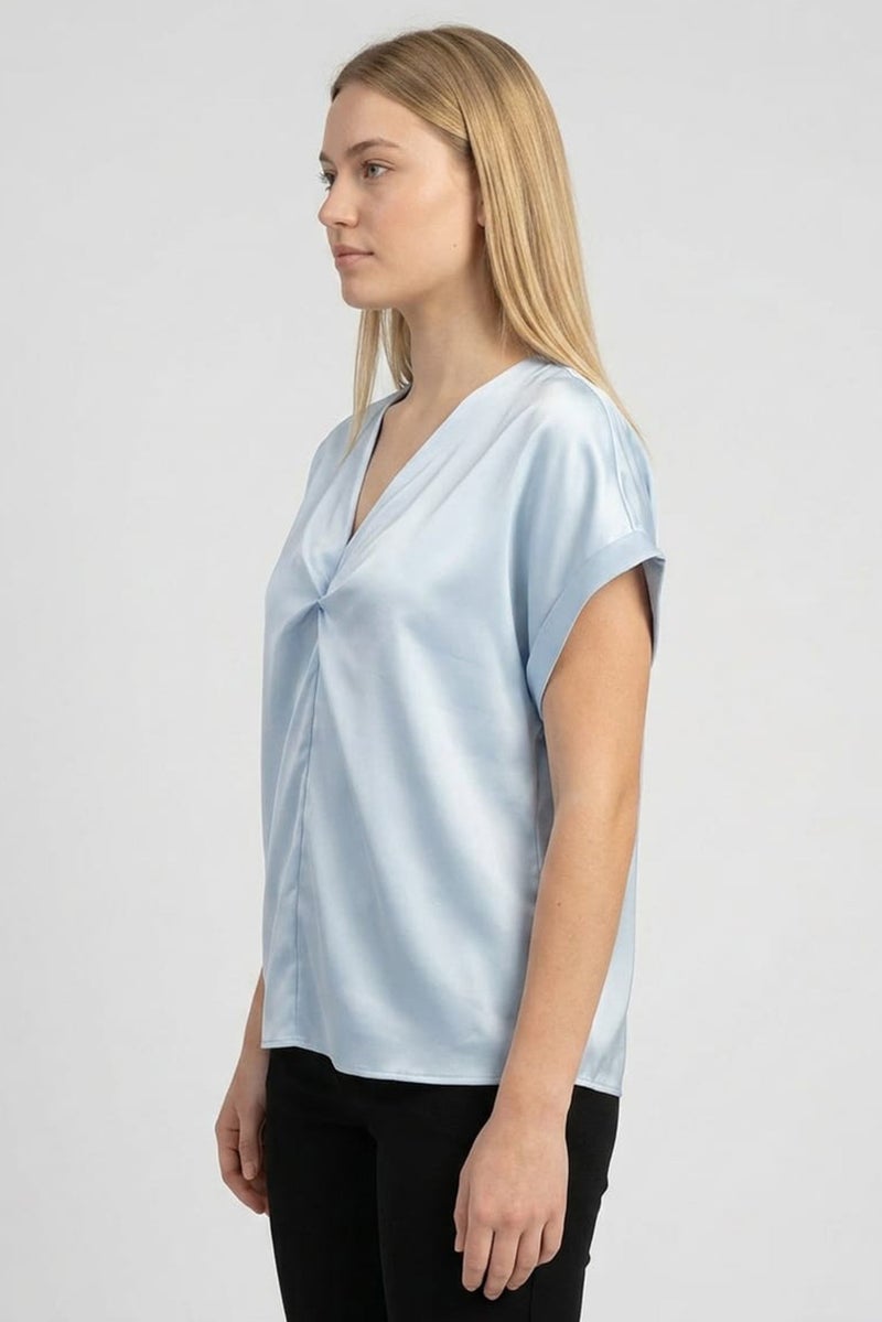 bebe Women V-Neck Cuffed Sleeve Solid Blouse, Sky Blue - Image 4