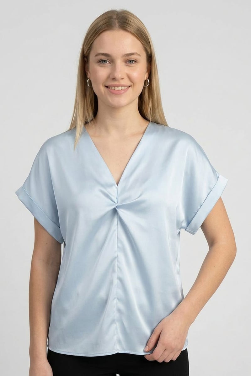 bebe Women V-Neck Cuffed Sleeve Solid Blouse, Sky Blue - Image 1