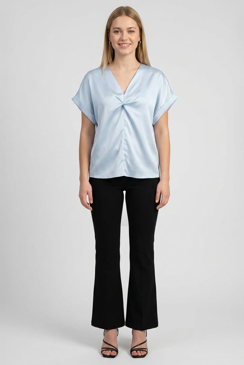 bebe Women V-Neck Cuffed Sleeve Solid Blouse, Sky Blue - Image 2