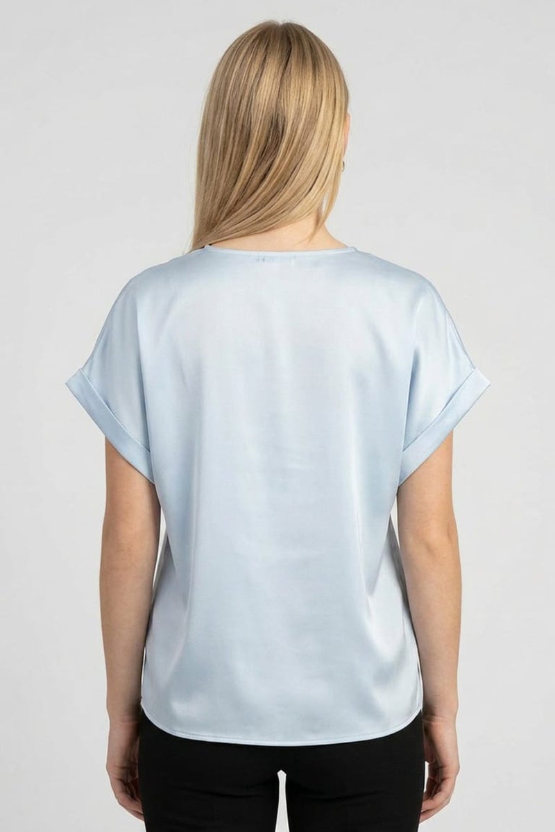 bebe Women V-Neck Cuffed Sleeve Solid Blouse, Sky Blue - Image 5